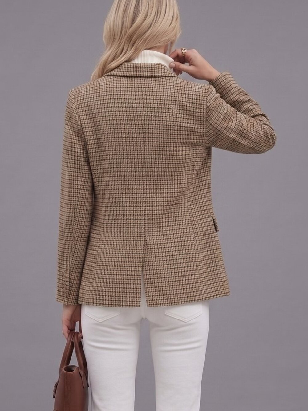 Women's Wool Plaid Double Breasted Blazer Retro Casual Office Work Jacket Coat - Picture 2 of 5